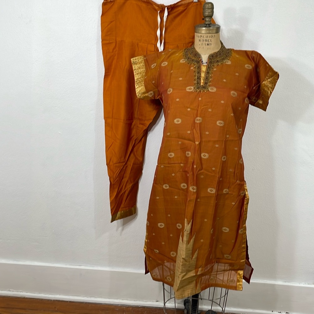 Kora Fancy Salwar set burnt orange kurta, harem pants and shawl/wrap (3 pieces)